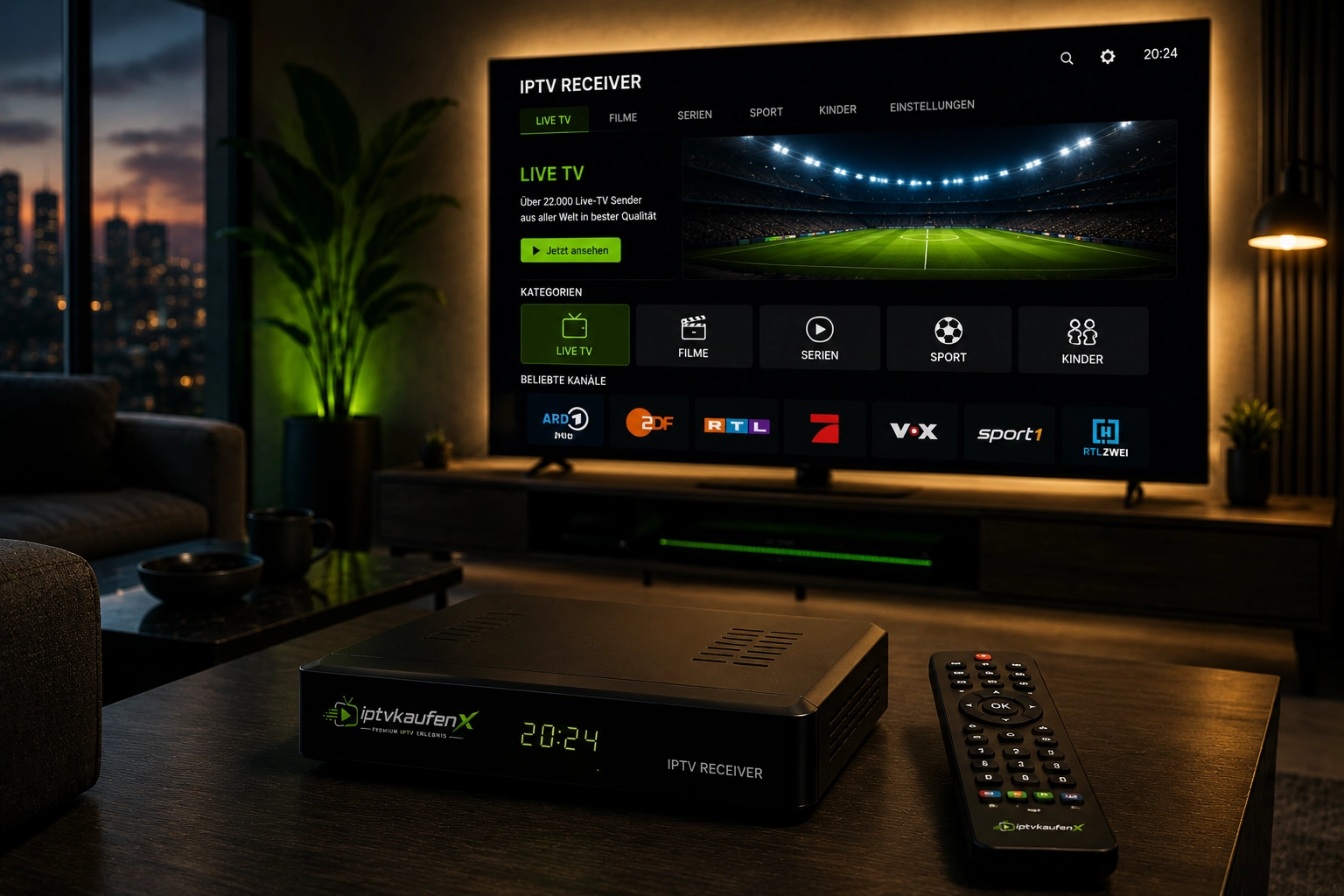 IPTV Receiver mit Media Player App und Senderliste auf dem Fernseher